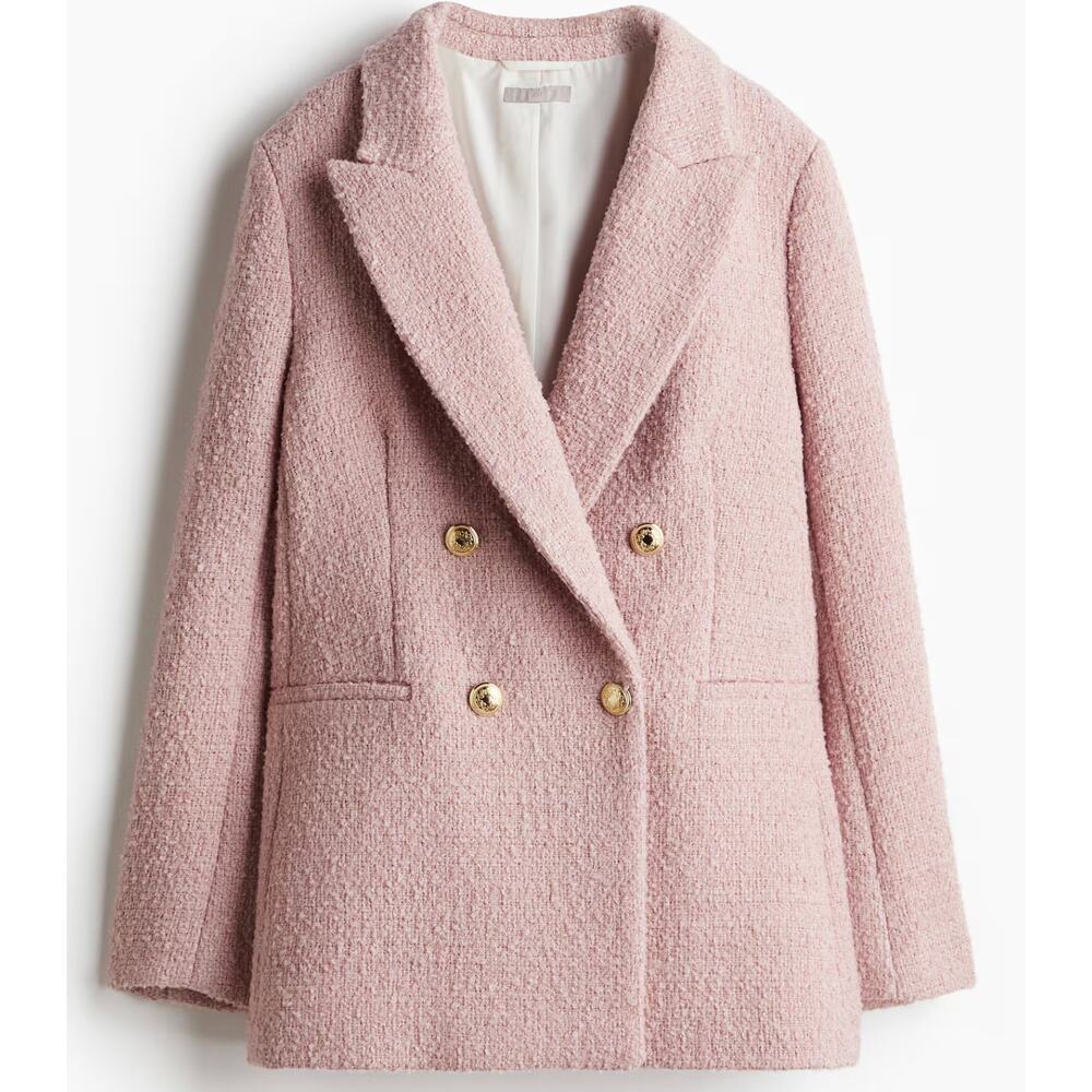 H&M NWT Pink Boucle Double Breasted Coat Gold Buttons Lined Size L Chanel Vibe